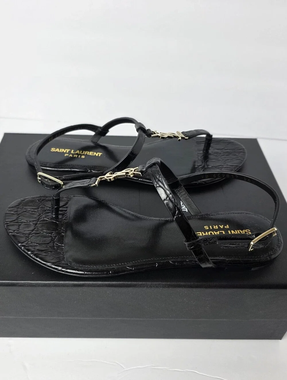 Saint Laurent Cassandra Embossed Croc Flat Sandals Black Size 6.5